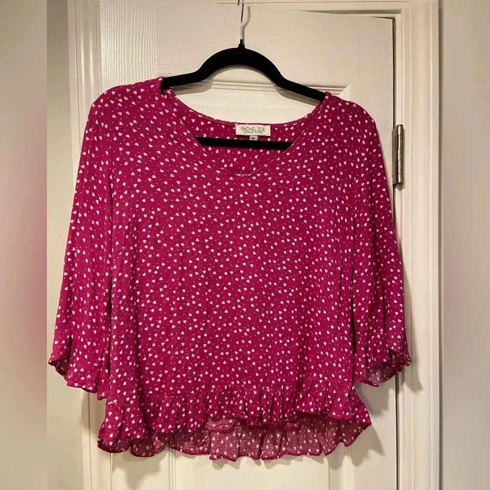 Rachel Zoe Pink White Hearts 3/4 Ruffle Sleeve Peplum V Neck Viscose Top Size M